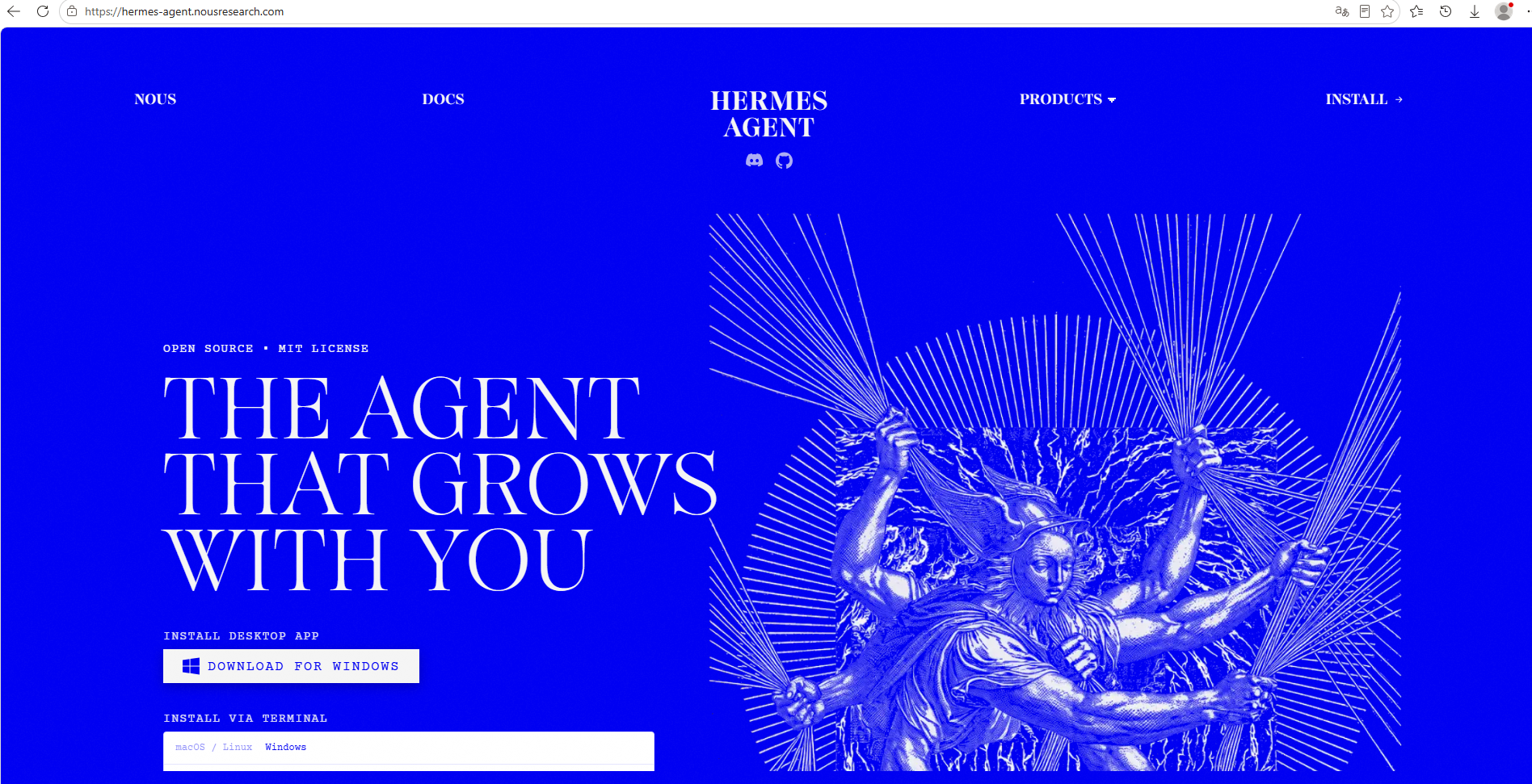 Hermes 官网首页，点击 DOWNLOAD FOR WINDOWS 下载桌面端